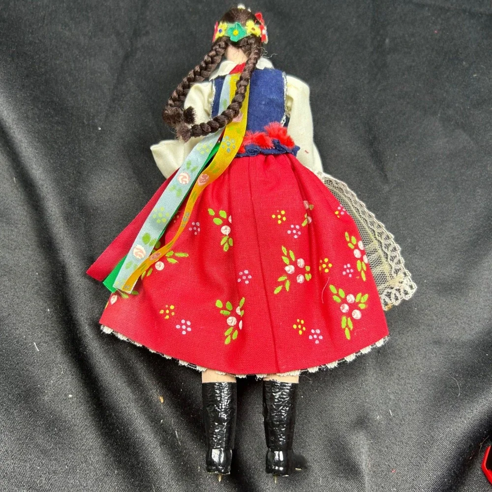 Vintage Polish Folk Art Doll Traditional Costume Red Floral Skirt Lace Apron 8in